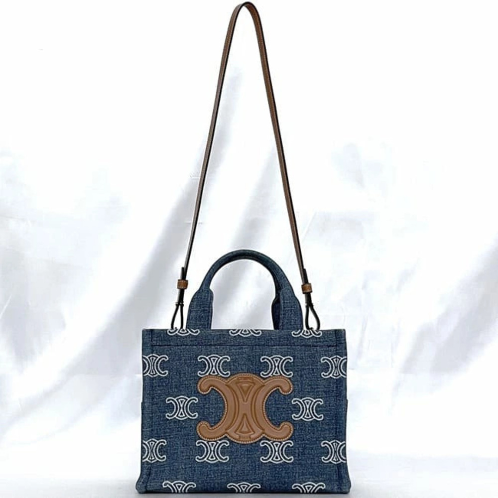 Celine Bag Cabataise Blue Brown Triomphe Denim Canvas Leather Logo Crossbody - Picture 2 of 10